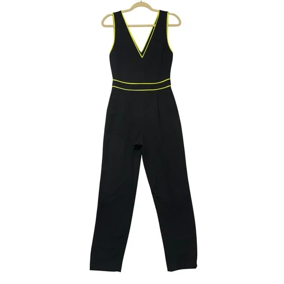 Alice + Olivia Black Neon Yellow Piping V-Neck Sleeveless Jumpsuit Size 4 - Picture 2 of 13